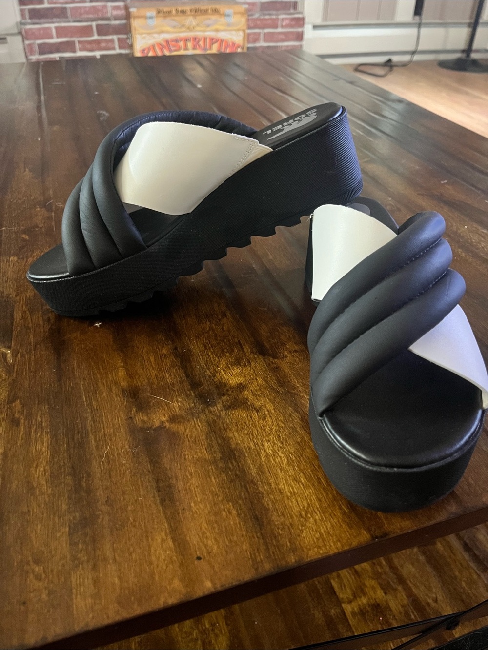 Sorel Black and White Quilted Platform Slide Mules